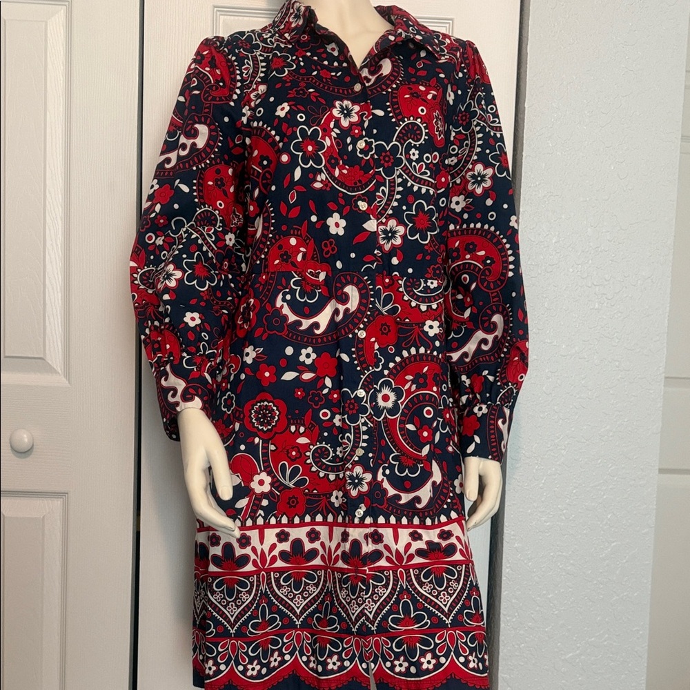 Talbots Red and Blue Paisley Long Sleeve Dress